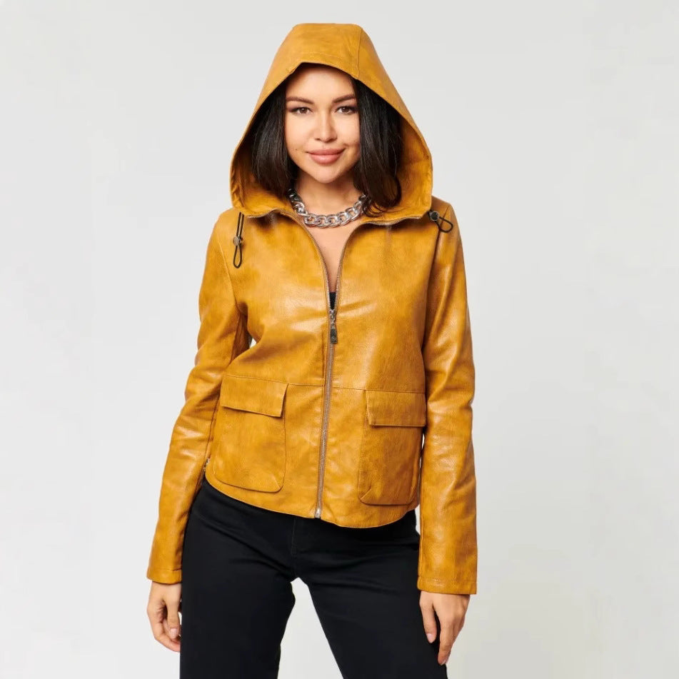 Damen Kunstlederjacke mit angeschnittenem Hoodie und praktischen Taschen Drune