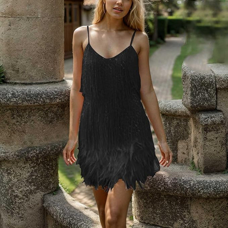 Damen Fransenminikleid mit süßem V-Ausschnitt und verführerischem Design Drune