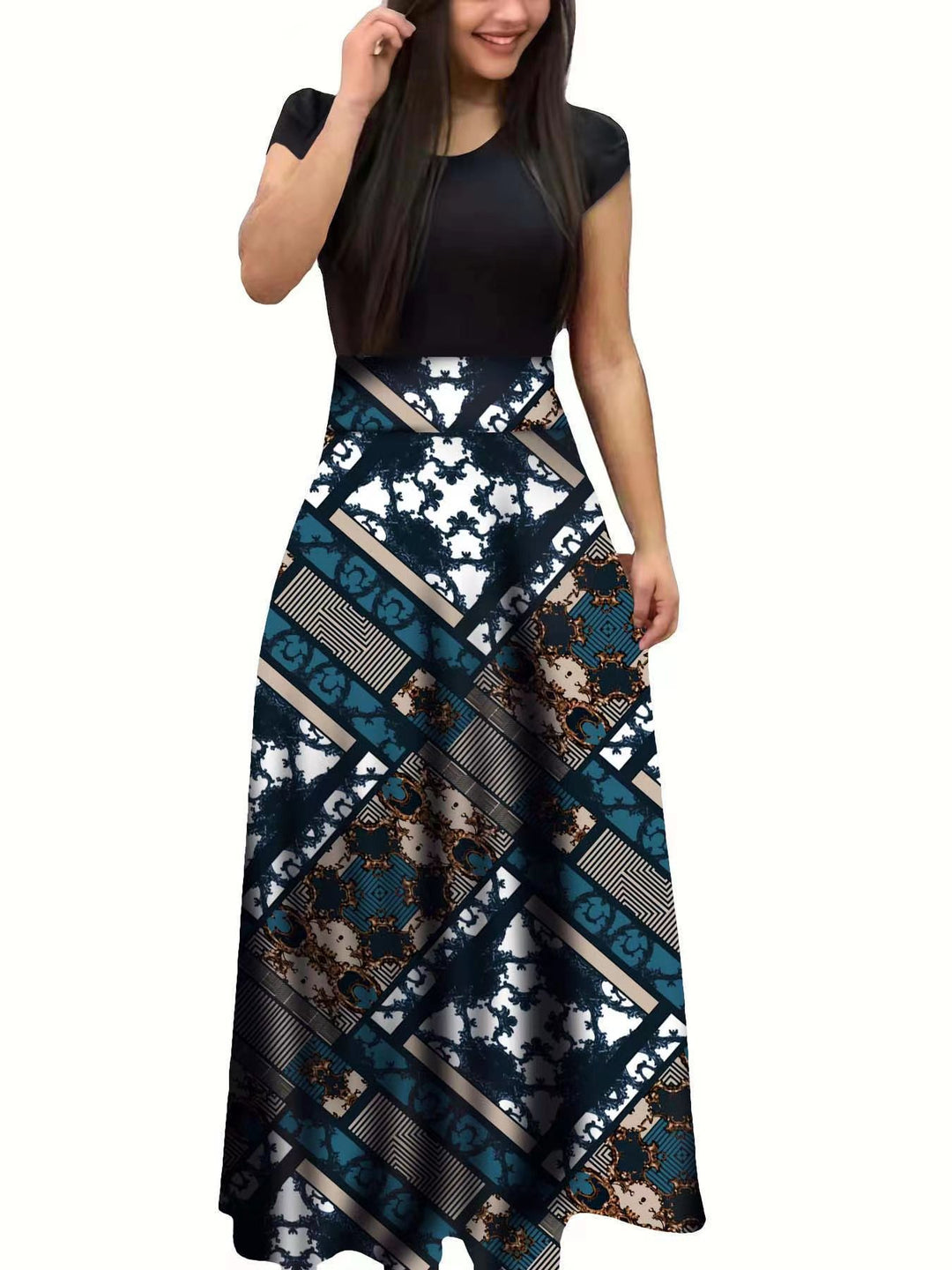 Damen Elegantes Maxikleid mit grafischem Druck und flexiblem Bund Drune