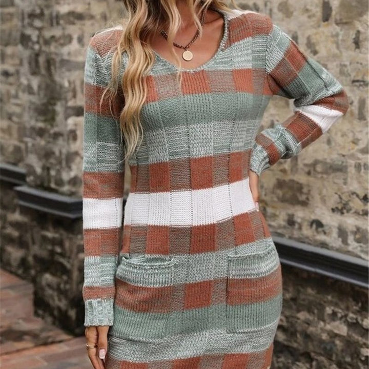 Damen Strickkleid im modernen Karomuster mit aufgesetzten Taschen Drune