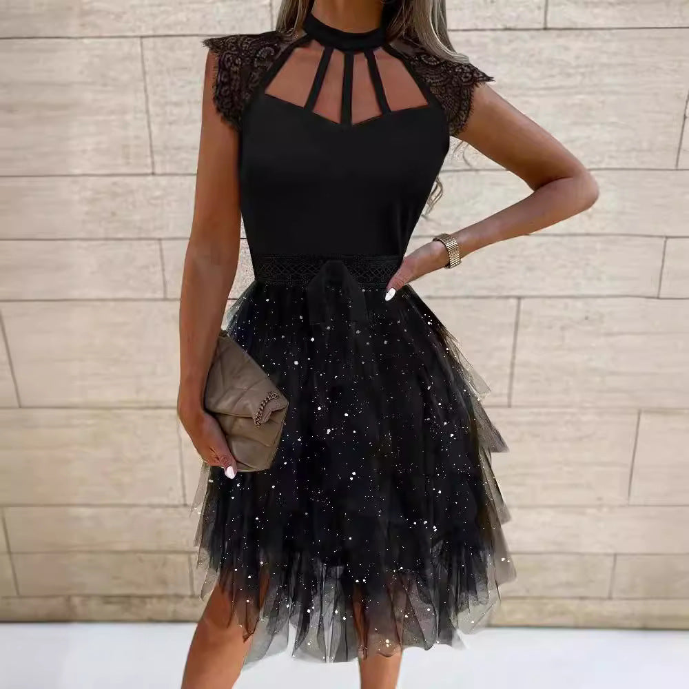 Damen Cocktailkleid mit Spitzenakzenten und glitzerndem Tüll Drune