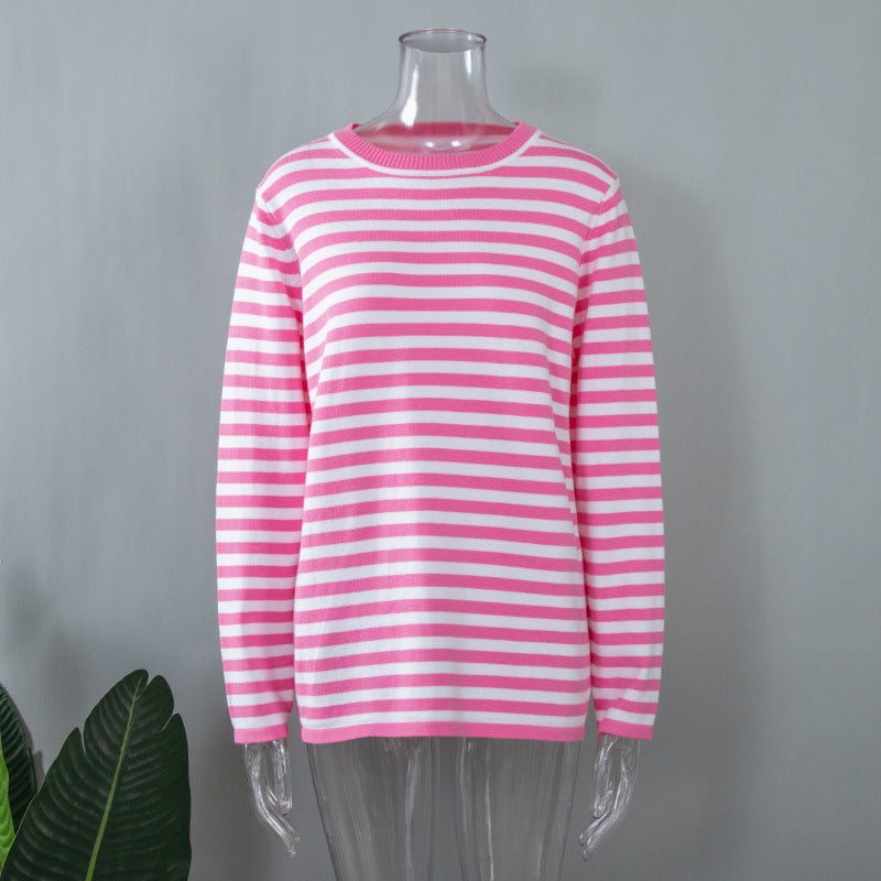 Damen gestreifter Langarm-Sweater mit Rundhalsausschnitt und weitem Schnitt Drune