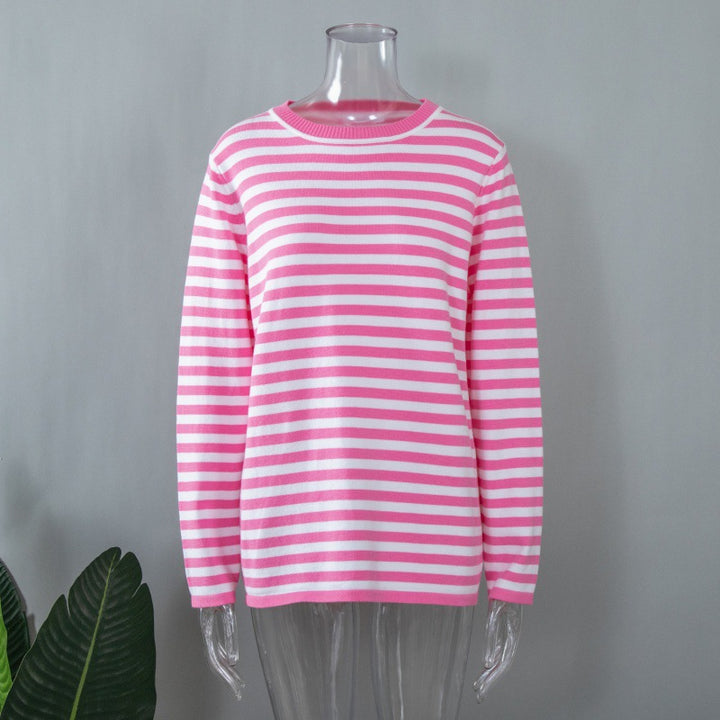 Damen gestreifter Langarm-Sweater mit Rundhalsausschnitt und weitem Schnitt Drune