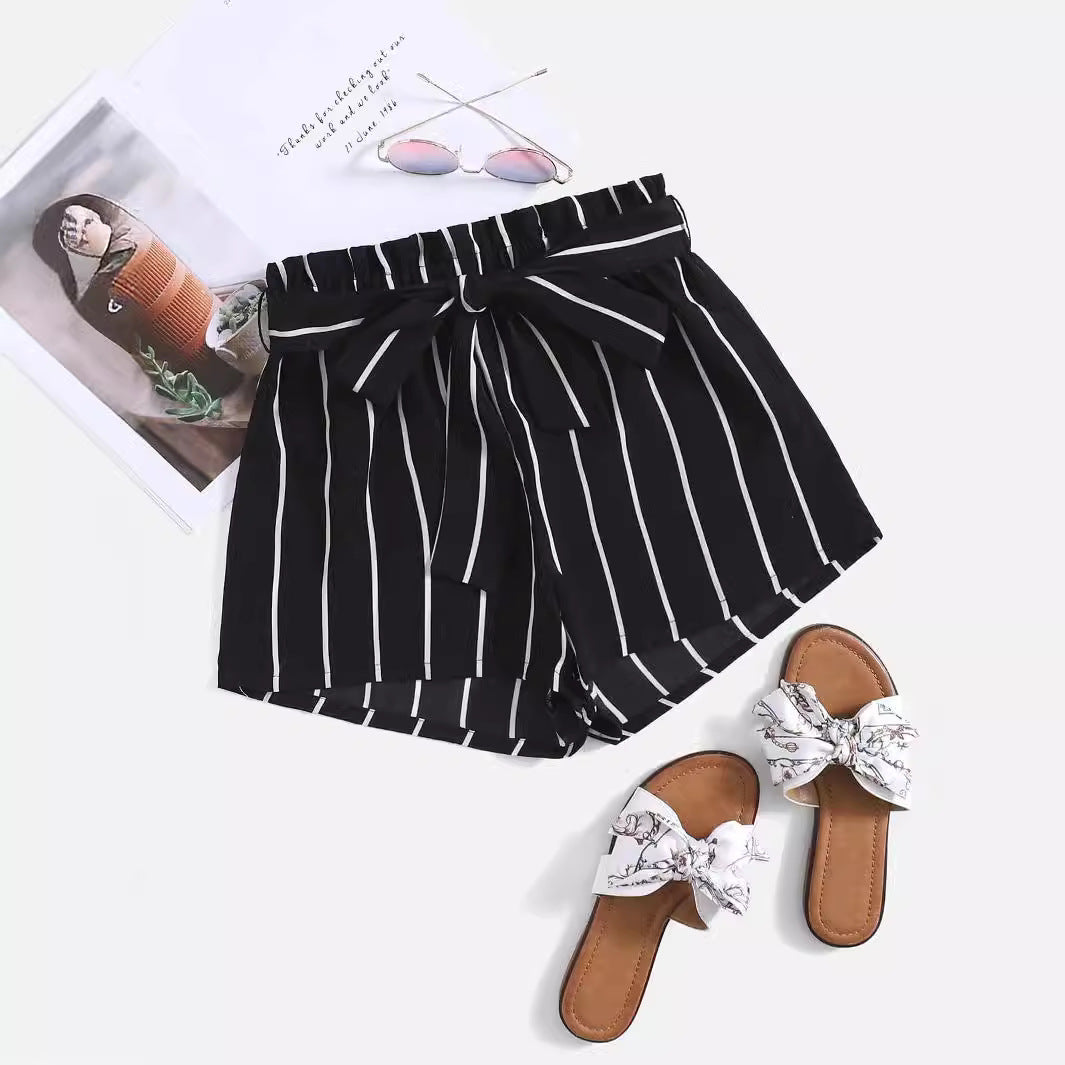 Damen gestreifte Freizeit-Shorts mit elastischem Bund und Bindegürtel Drune