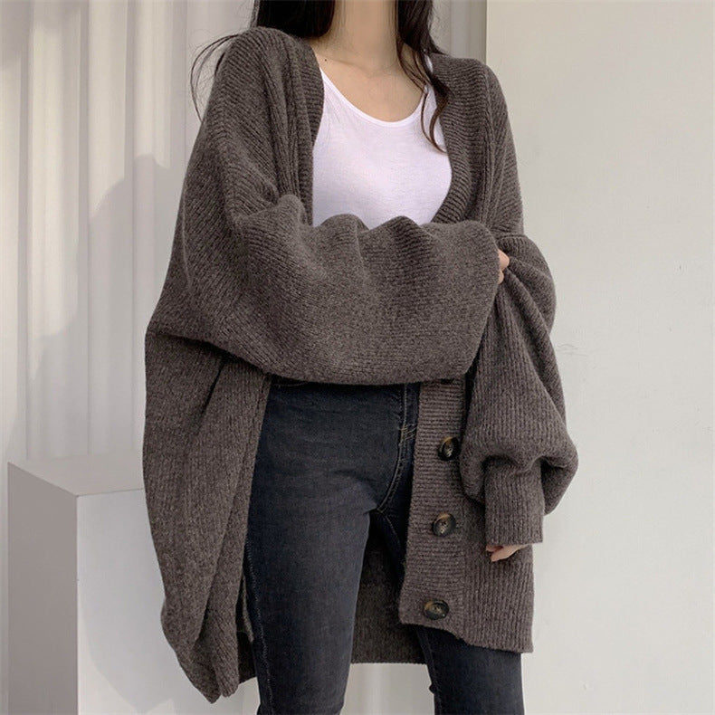 Damen gemütlicher Oversized-Strickcardigan mit großen Knöpfen Drune