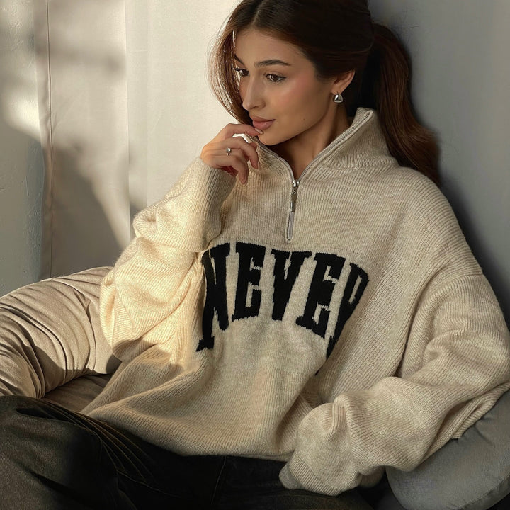 Damen lässiger Strickpullover mit halbem Reißverschluss und Statement-Print Drune