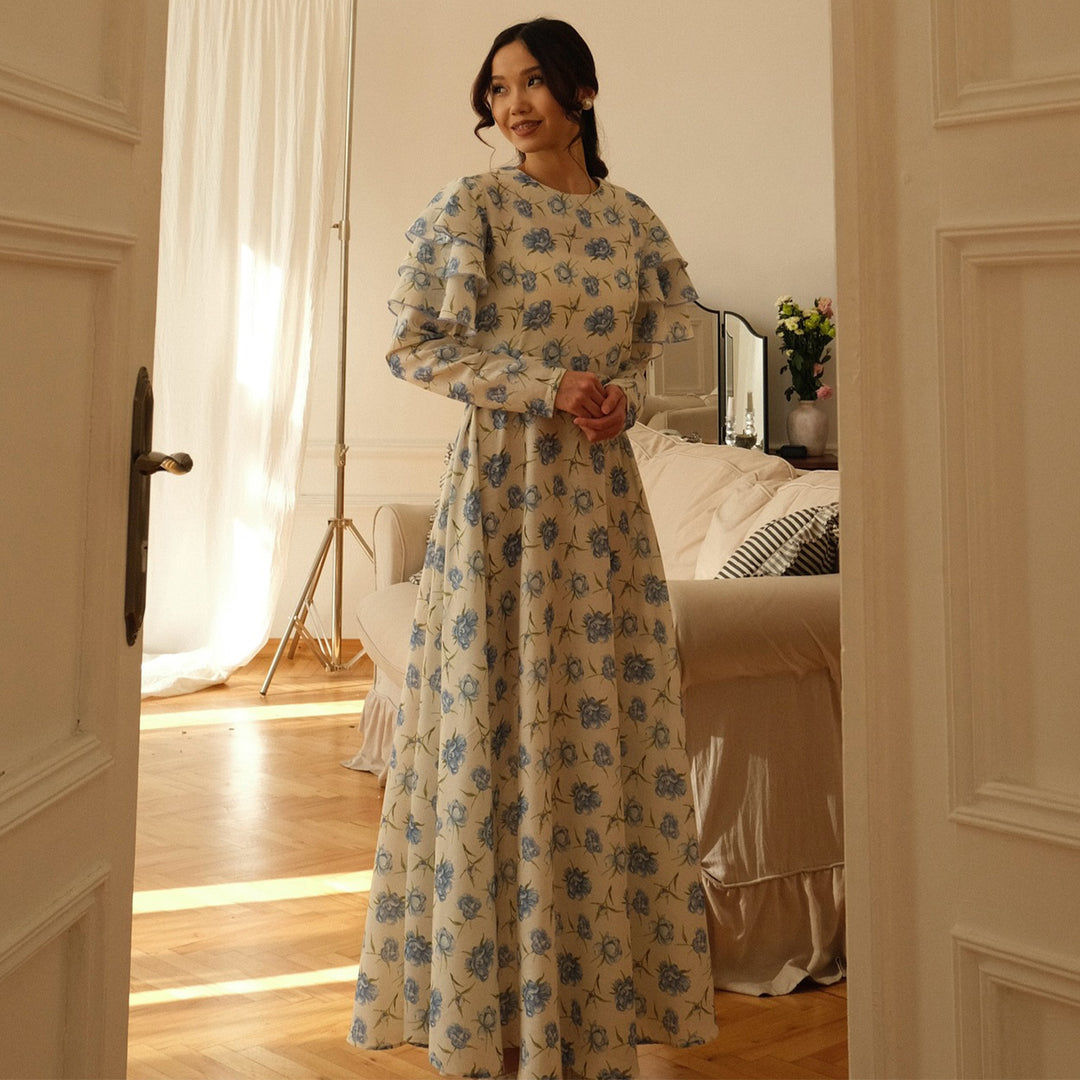 Damen Maxi-Kleid mit romantichem Rüschendesign und floralen Details Drune