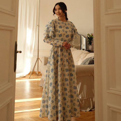 Damen Maxi-Kleid mit romantichem Rüschendesign und floralen Details Drune