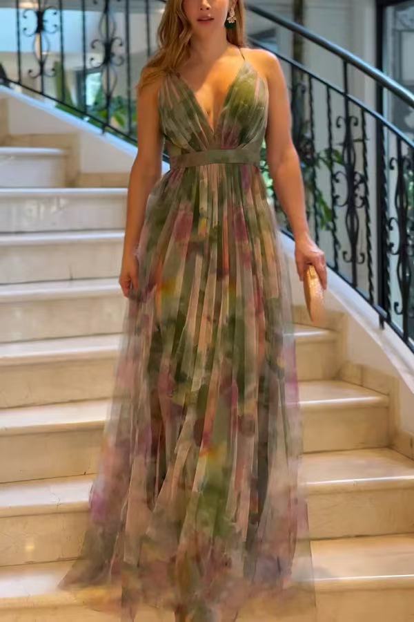 Damen Elegantes Maxikleid mit schwingendem Rock und raffiniertem V-Ausschnitt Drune