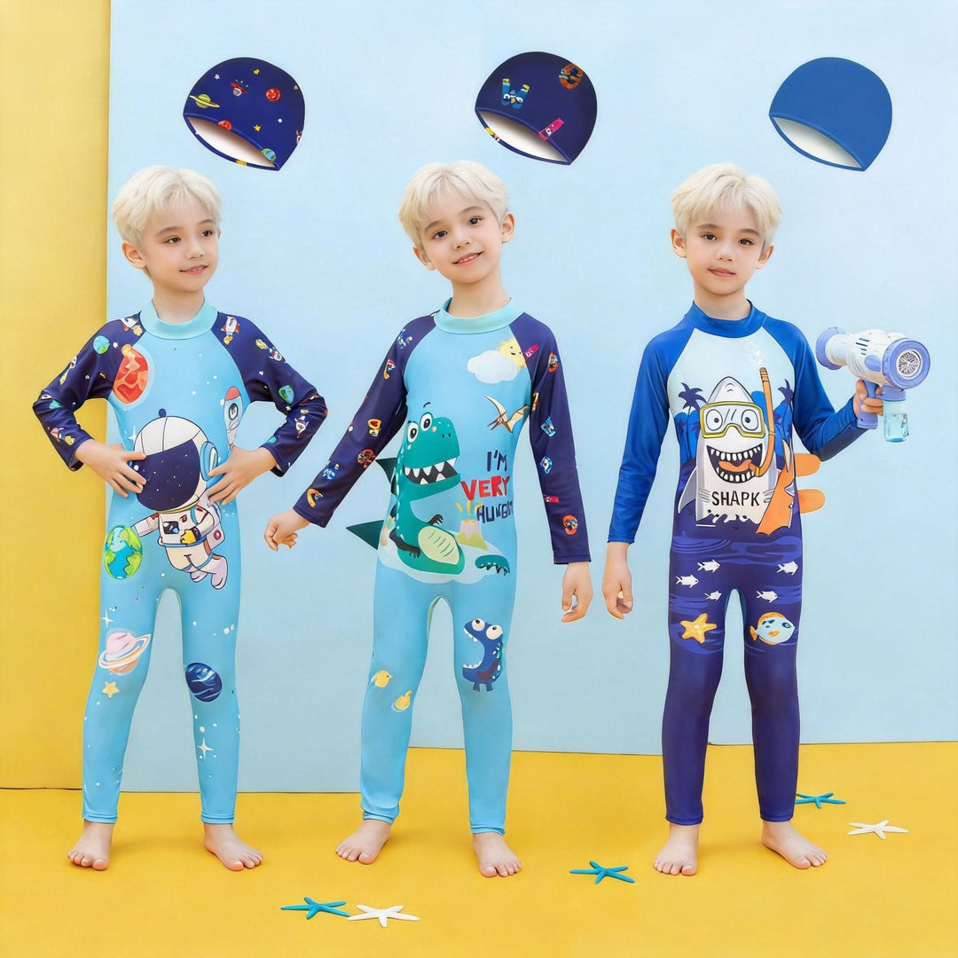Jungen UV-Schutz Schwimmanzug mit langen Ärmeln und süßem Dinosaurier-Motiv Drune