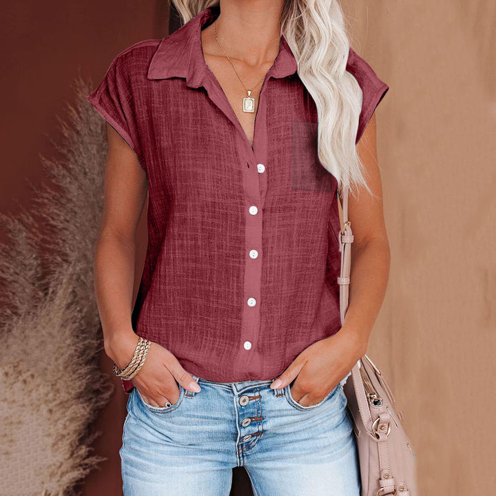 Damen Kurzarm Hemdbluse aus leichtem Leinenmix mit durchgehender Knopfleiste Drune