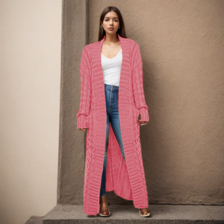 Damen langen Strickcardigan mit hochwertigem Zopfmuster Drune