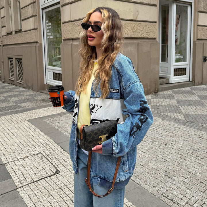 Damen Oversized Denim-Jacke mit kontrastreichen Applikationen und modernem Schnitt Drune