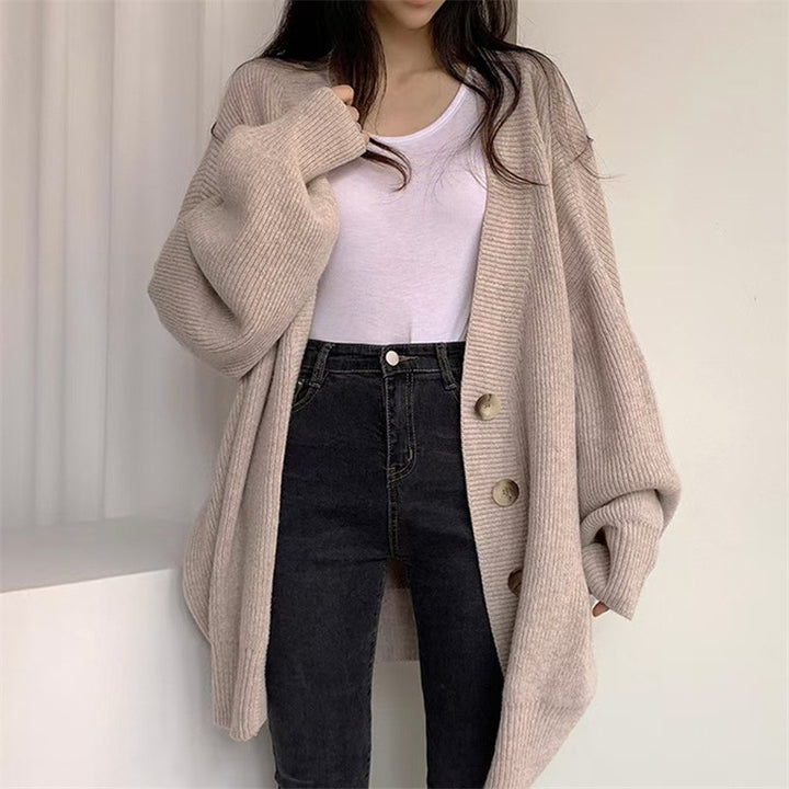 Damen gemütlicher Oversized-Strickcardigan mit großen Knöpfen Drune