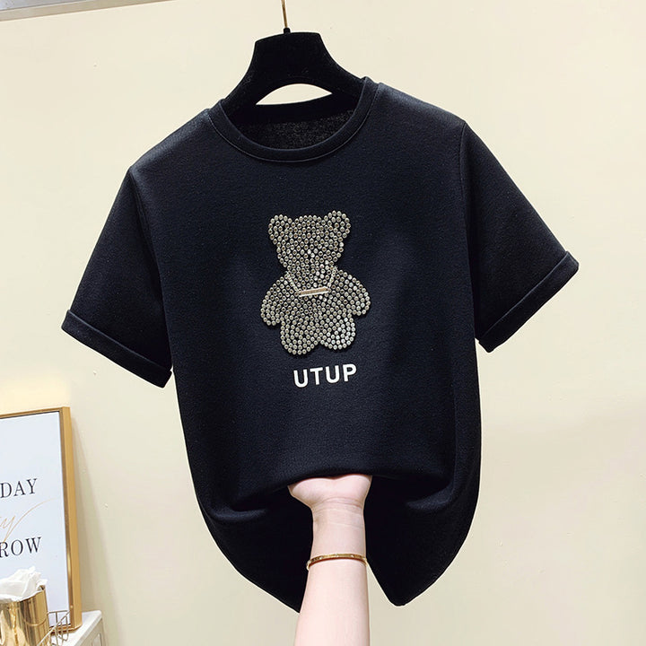 Damen T-Shirt mit glitzerndem Bärenmotiv und lässigem Schnitt Drune