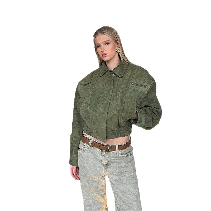 Damen Modische Wildlederjacke im cropped Stil mit praktischen Taschen Drune