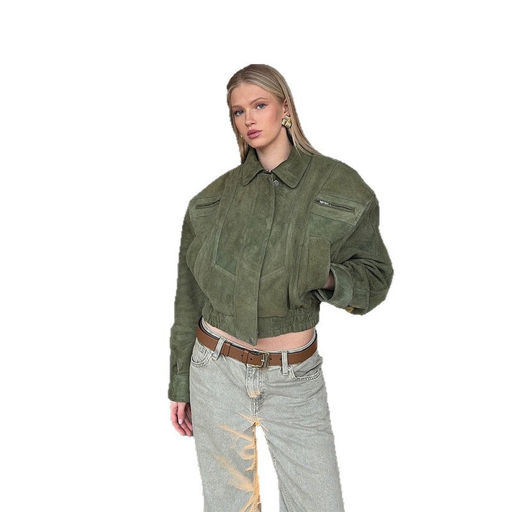Damen Modische Wildlederjacke im cropped Stil mit praktischen Taschen Drune