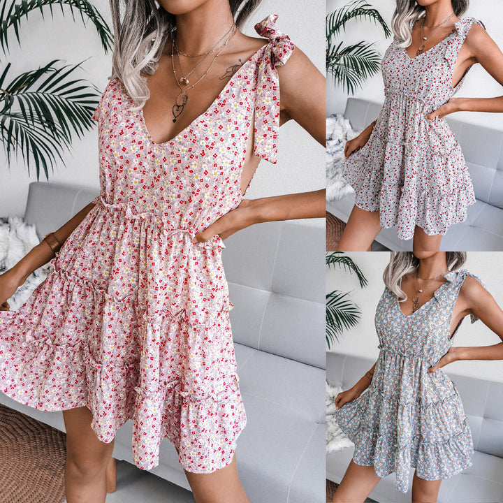 Damen luftiges V-Ausschnitt Sommerkleid mit Rüschendetails Drune
