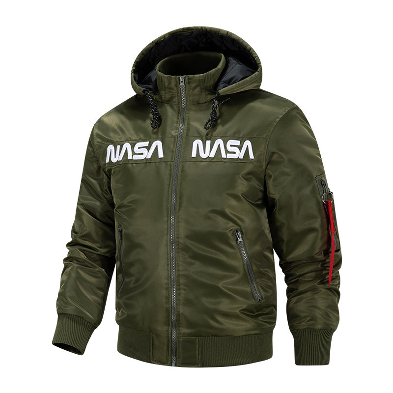 Herren  Kapuzen glänzende Mikroschalen Astronaut-inspirierte Bomberjacke mit gesteppter thermischer Fütterung und Ärmeltasche Drune
