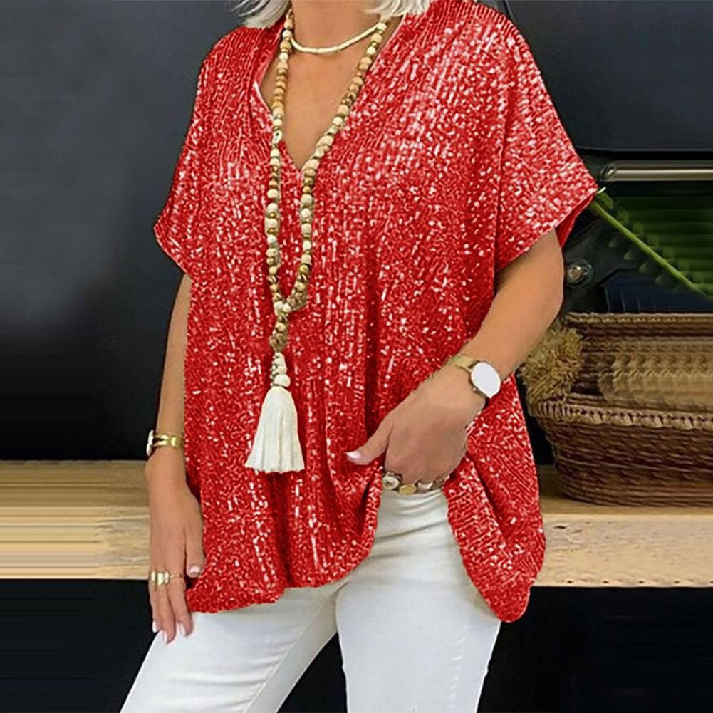 Damen Glamouröses Pailletten-Tunikashirt mit V-Ausschnitt Drune