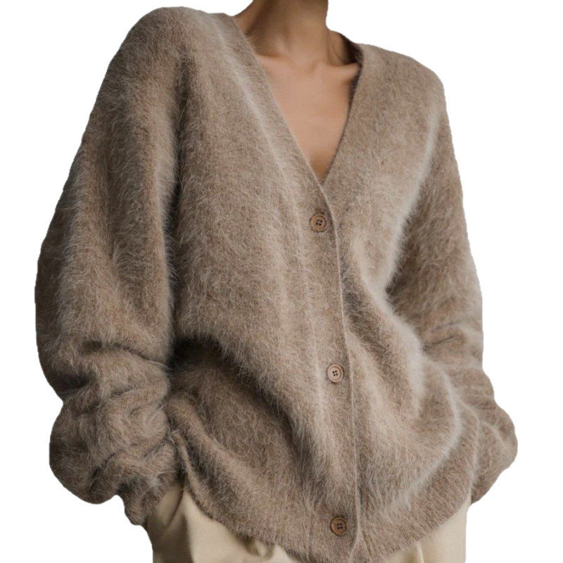 Damen flauschiger Cardigan mit V-Ausschnitt und übergroßem Schnitt Drune