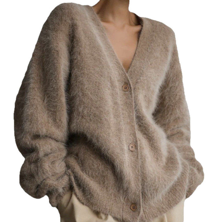 Damen flauschiger Cardigan mit V-Ausschnitt und übergroßem Schnitt Drune