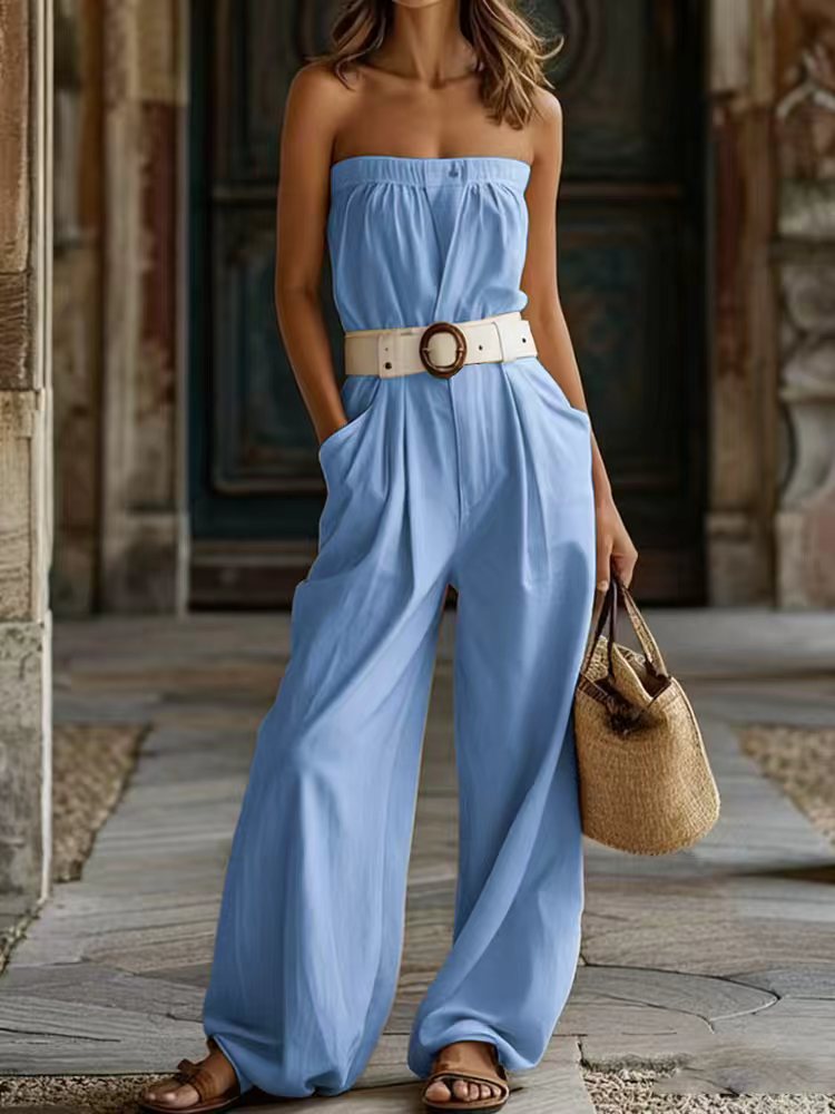 Damen Lässiger Jumpsuit mit Gürtel und weitem Bein Drune