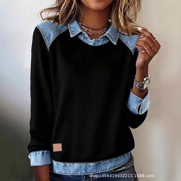 Damen nan gerippter Strickpullover mit Jeanskragen und Knopfleiste Drune