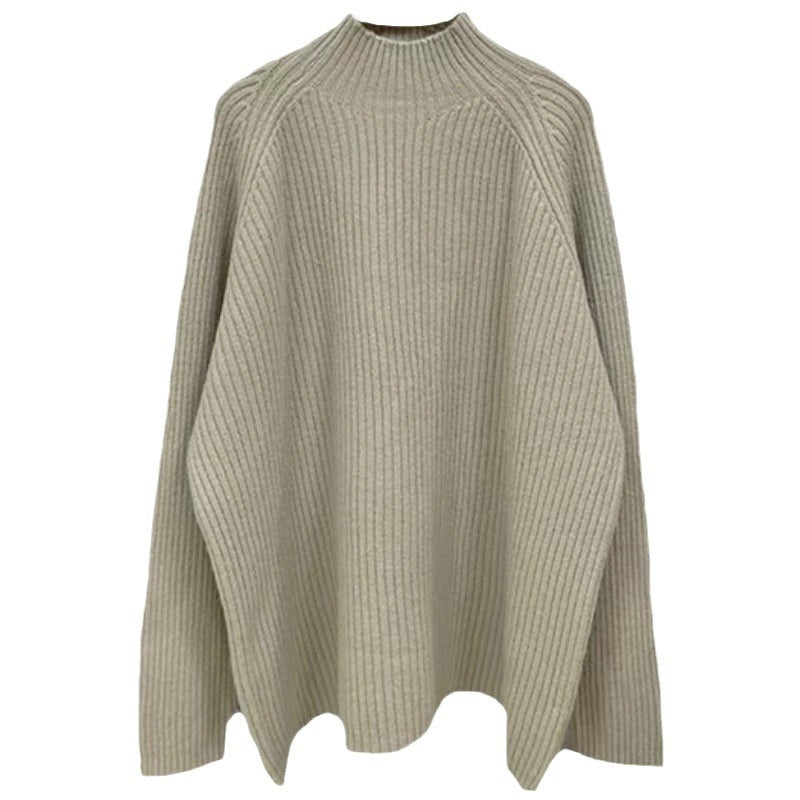Damen lässiger Grobstrickpullover mit hochgeschlossenem Kragen und asymmetrischem Saum Drune