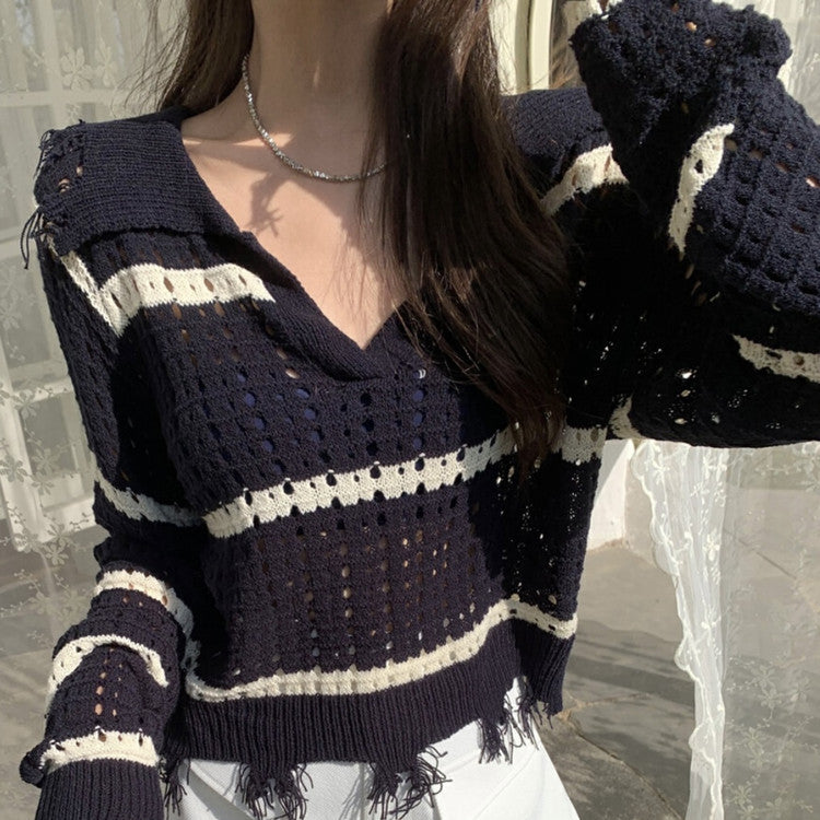 Damen luftiger Strickpullover mit modernem Netzdesign und durchgehendem Streifenmuster Drune
