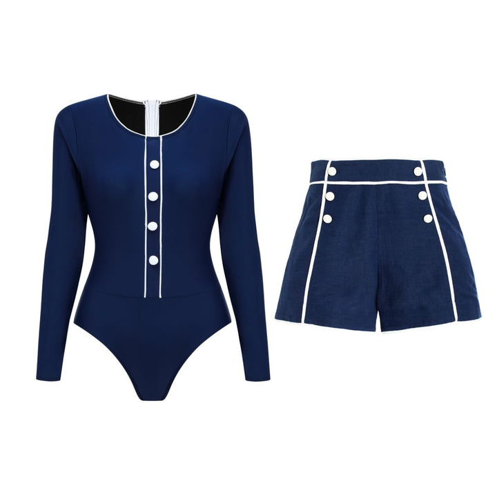 Damen Sportlicher Schwimmanzug mit Langarm und Knopfdetails Drune