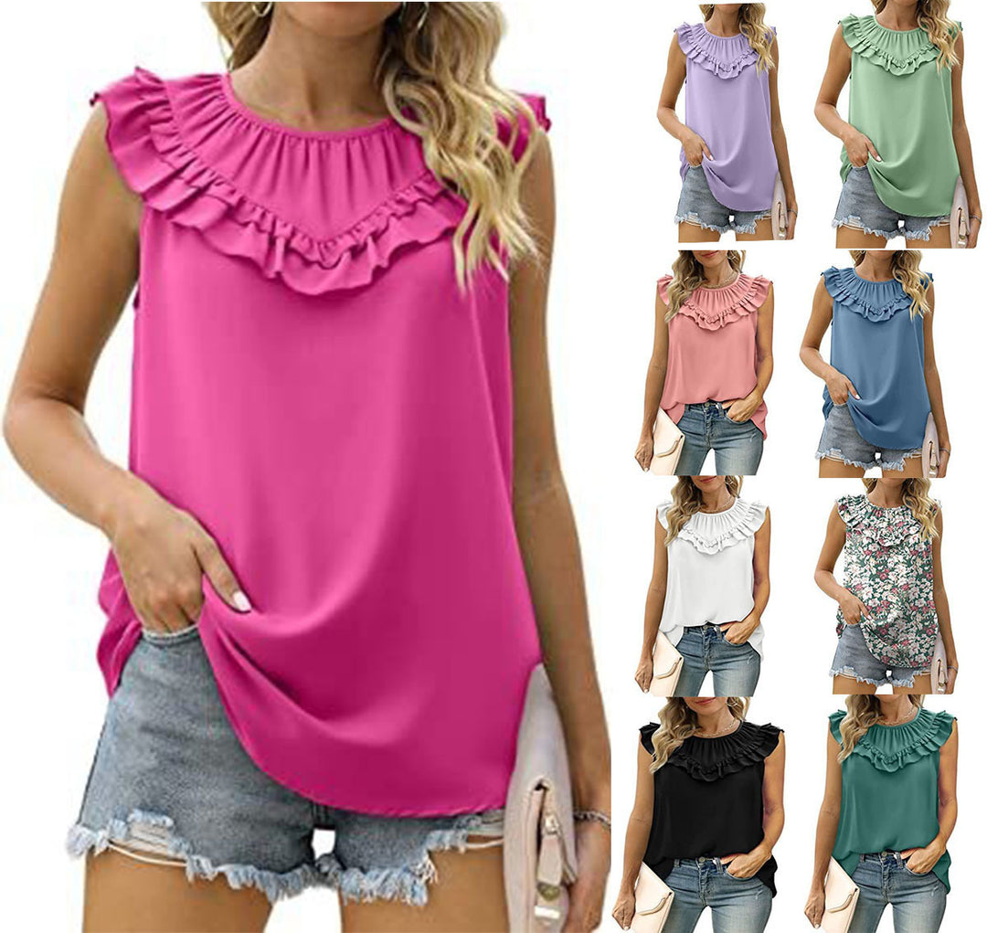 Damen leichtes Rüschenshirt mit elegantem Rundhalsausschnitt Drune