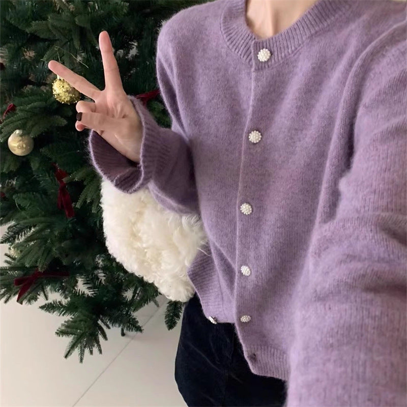 Damen kuschelige Strickjacke mit elegantem Perlenknopfverschluss Drune