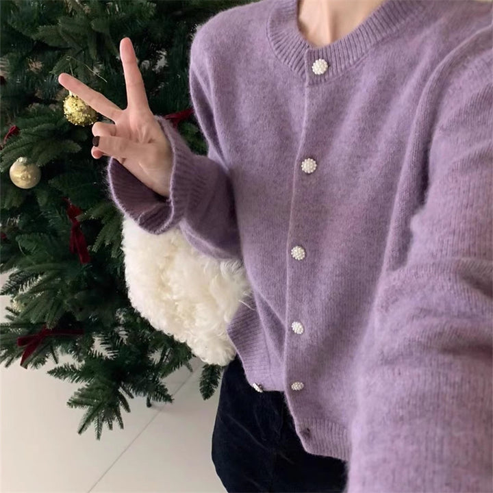 Damen kuschelige Strickjacke mit elegantem Perlenknopfverschluss Drune