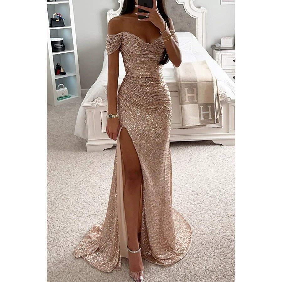 Damen Glitzerndes Off-Shoulder Abendkleid mit seitlichem Schlitz Drune