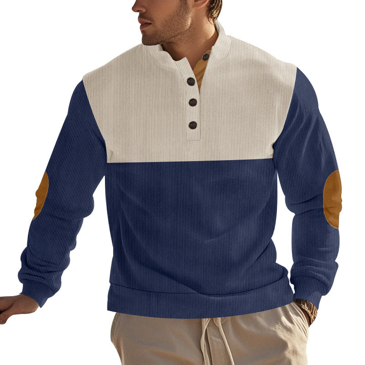 Herren nan strukturiertes Henley-Sweatshirt mit Stehkragen, Knopfleiste und Leder-Ellenbogenpatches Drune