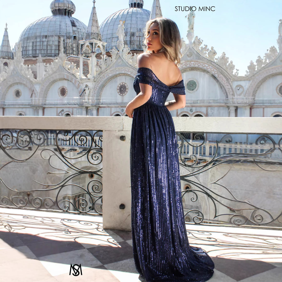 Damen Glitzerndes und schulterfreies Abendkleid mit tiefem Schlitz Drune