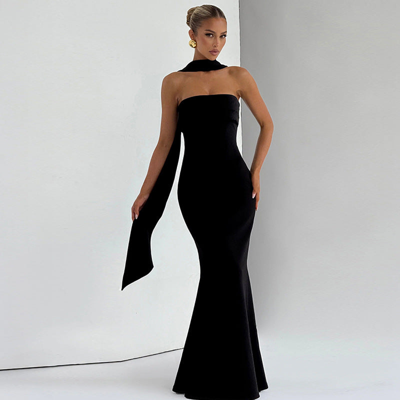 Damen Elegantes Langarm-Maxikleid mit transparenten Details Drune