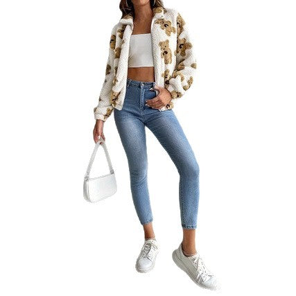 Damen kuschelige Fleecejacke mit Bärenmuster und durchgehendem Reißverschluss Drune