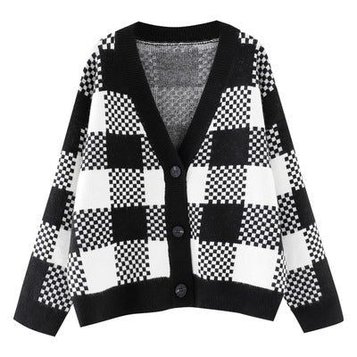 Damen Grobstrick Cardigan mit kontrastierendem Karomuster und Knopfdetails Drune