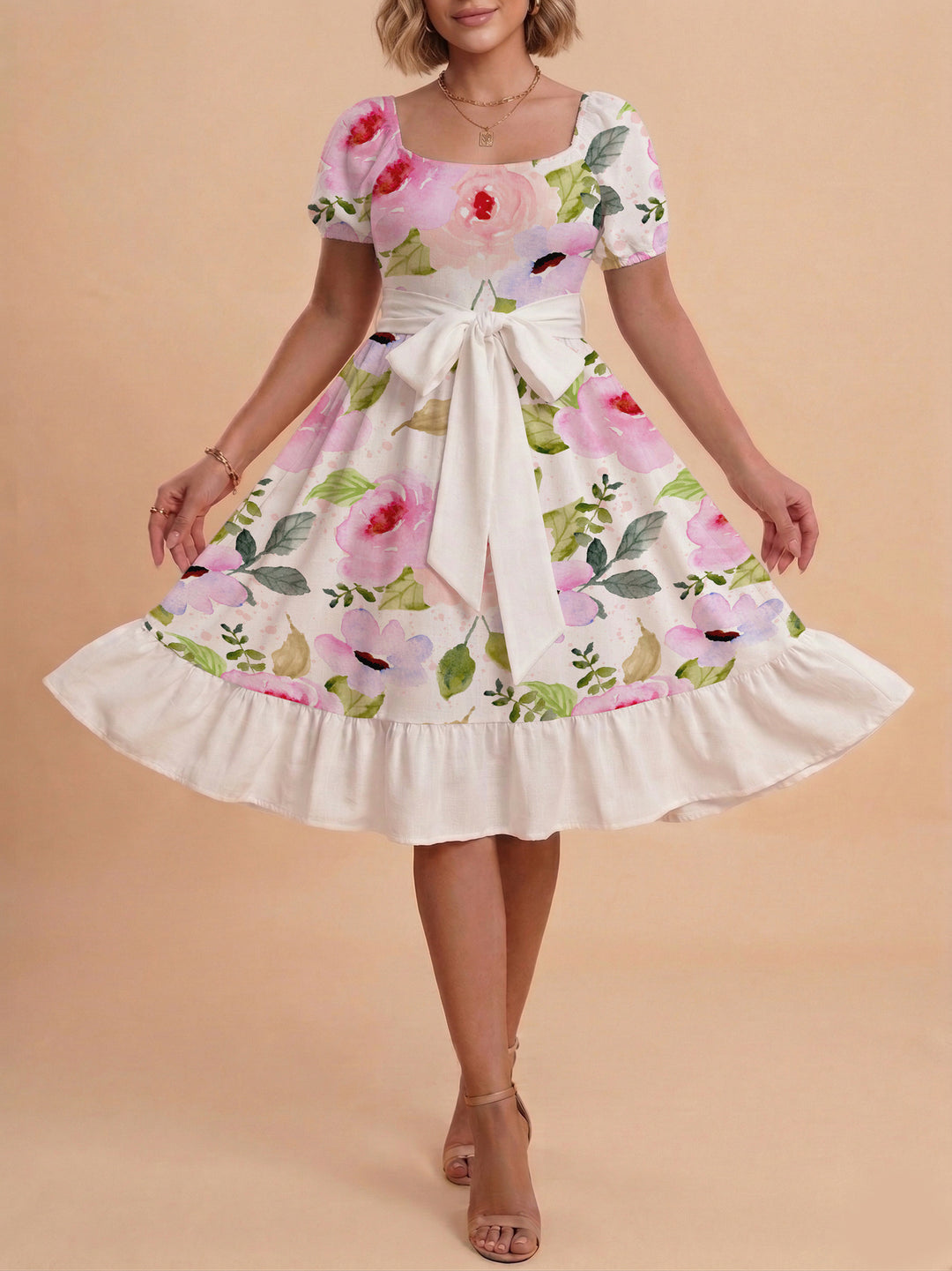 Damen A-Linien-Kleid mit floralen Motiven und taillierbarem Gürtel Drune
