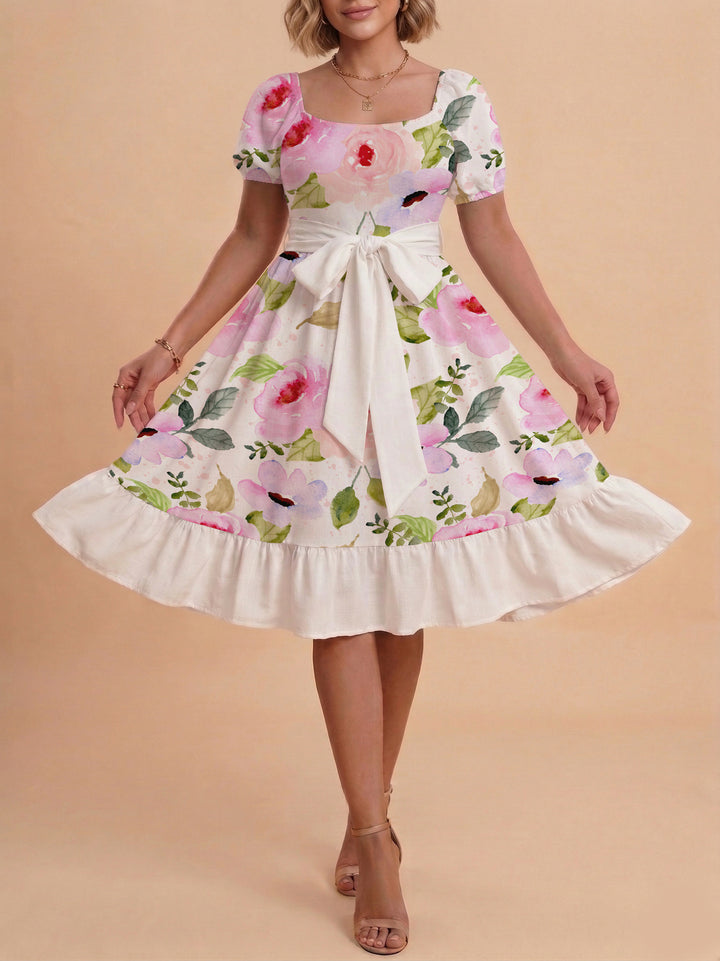 Damen A-Linien-Kleid mit floralen Motiven und taillierbarem Gürtel Drune