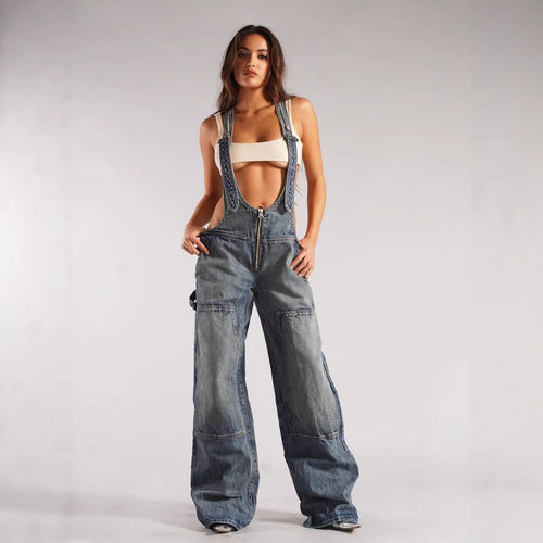Damen lässige Denim-Latzhose mit oversized Schnitt und praktischen Taschen Drune