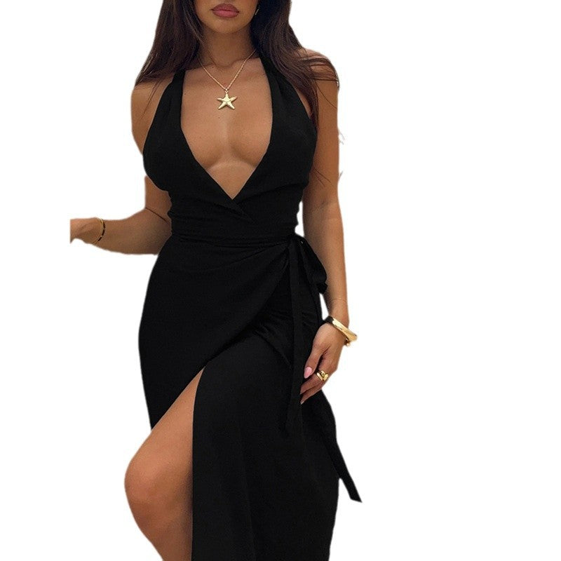 Damen Wickelmaxikleid mit tiefem V-Ausschnitt und eleganter Schleifenbindung Drune