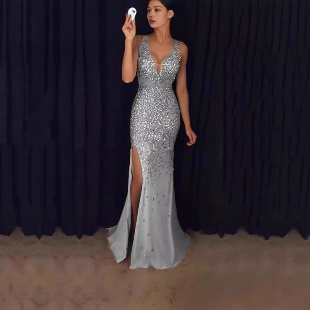 Damen Glitzerndes Abendkleid mit tiefem Ausschnitt und Schlitz Drune