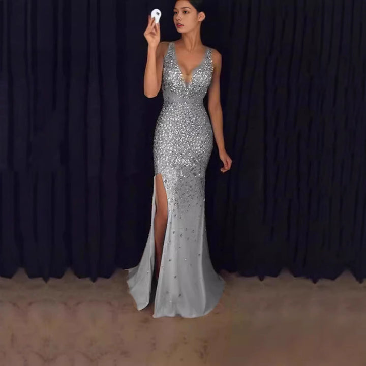 Damen Glitzerndes Abendkleid mit tiefem Ausschnitt und Schlitz Drune