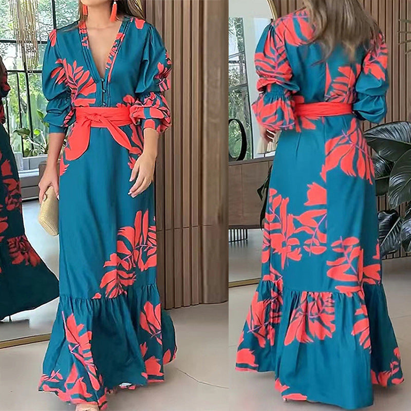 Damen Maxikleid mit glamourösem Wickel-Oberteil und eleganten Puffärmeln Drune