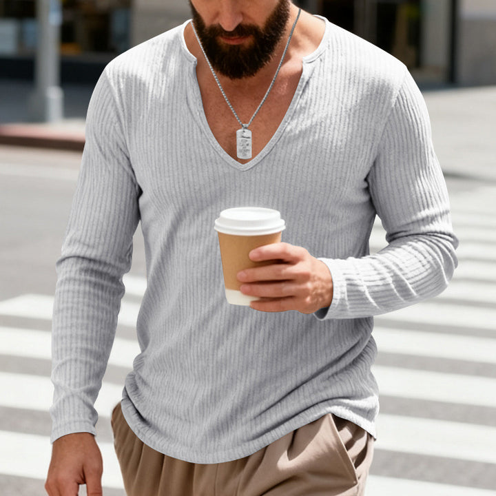 Herren nan geripptes V-Ausschnitt Langarmshirt aus leichter Baumwollmischung Drune