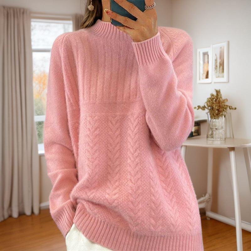 Damen Strickpullover mit kreativem Zopfmuster und hohem Kragen Drune