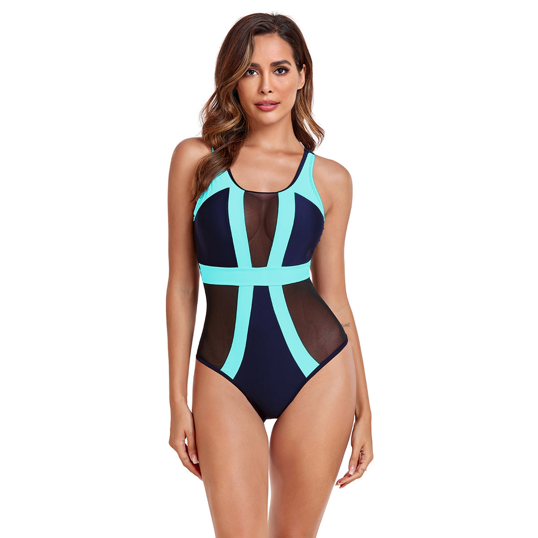 Damen Einteiliger Badeanzug mit transparenten Mesh-Einsätzen und modischem Farbblock Drune